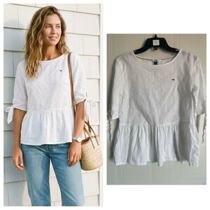 White Cotton Peplum Top XS Coastal Preppy Minimalist